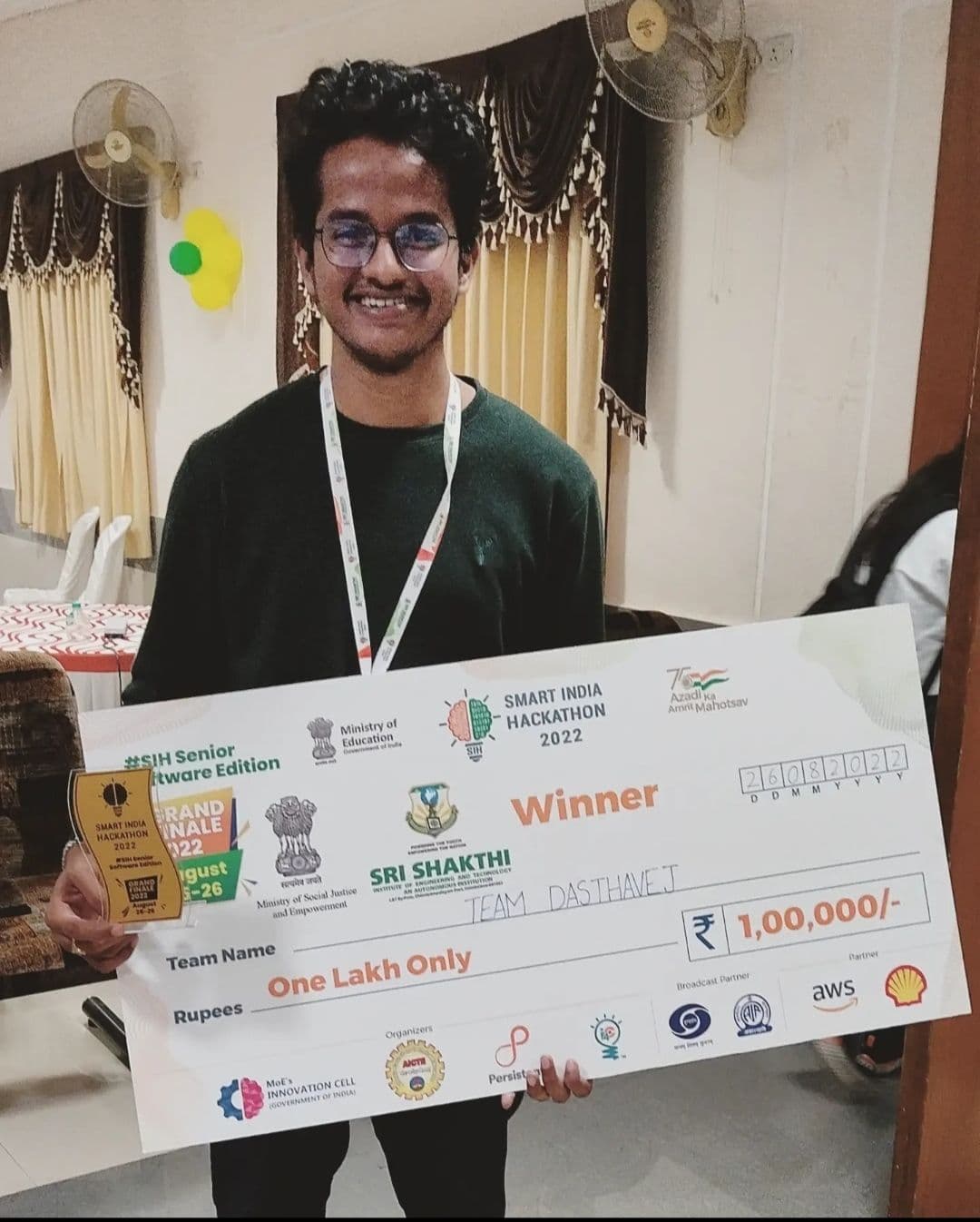 Smart India Hackathon 2022 winning cheque